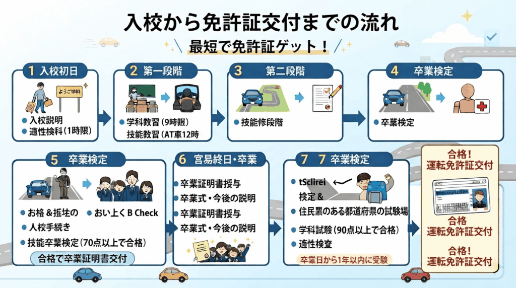 【合宿免許】入校から卒業、免許証交付までの流れ図解